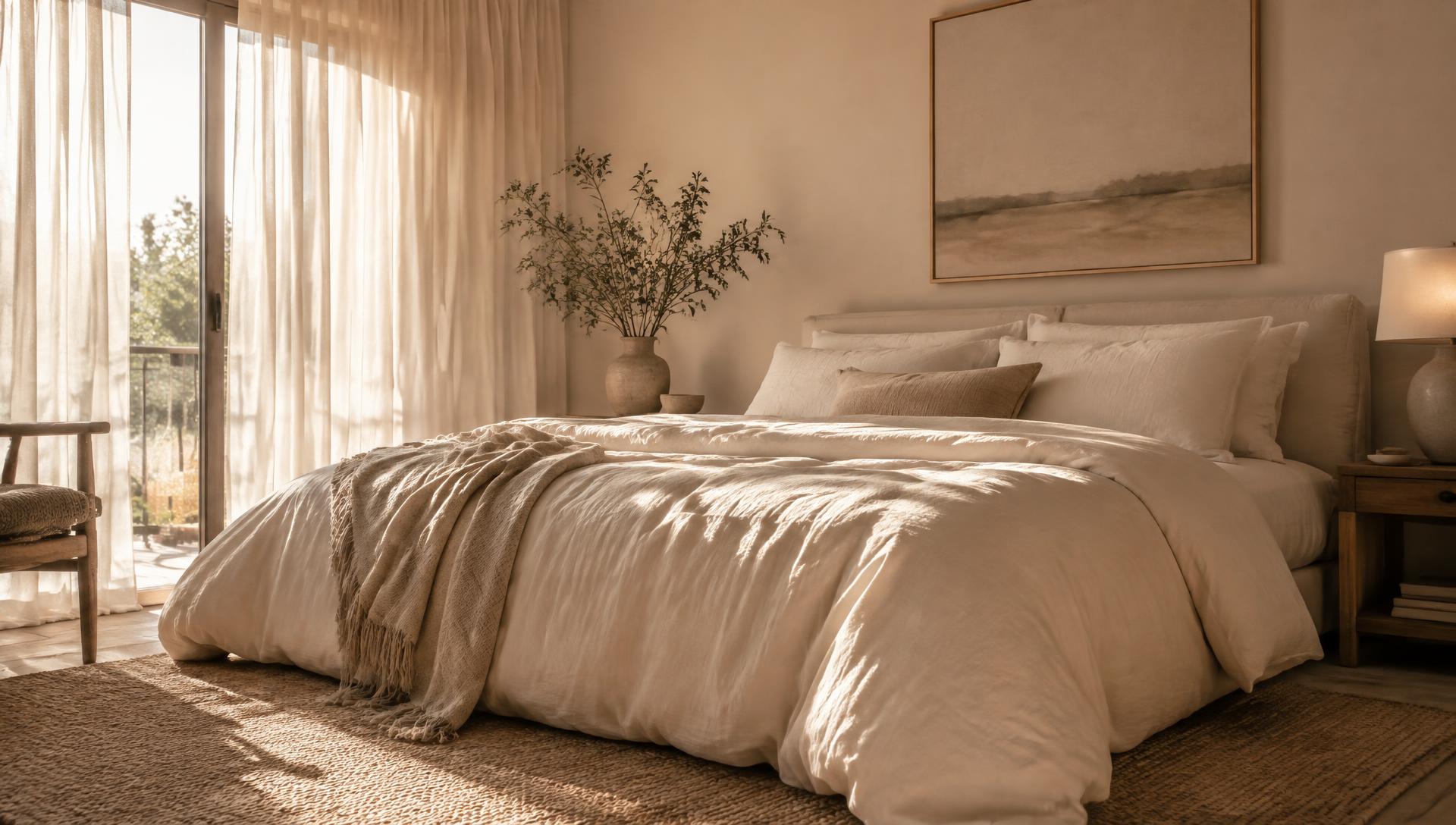 Sunlit bedroom dressed in soft cream bedding
